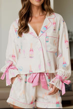 Load image into Gallery viewer, Bow Printed Collared Neck Top and Drawstring Shorts Lounge Set