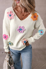 Load image into Gallery viewer, Crochet Flower V-Neck Long Sleeve Sweater