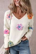 Load image into Gallery viewer, Crochet Flower V-Neck Long Sleeve Sweater
