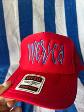 Load image into Gallery viewer, 'Merica Red and Bright Blue Mesh Trucker
