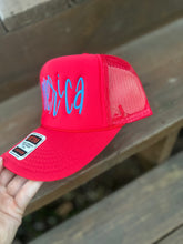 Load image into Gallery viewer, 'Merica Red and Bright Blue Mesh Trucker
