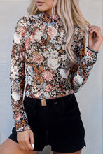 Load image into Gallery viewer, Brown Floral Long Sleeve High Neck Sheath Mesh Blouse