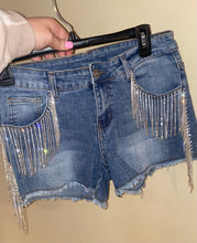 Load image into Gallery viewer, Carrie Rhinestone Fringe Denim Shorts