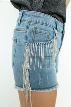 Load image into Gallery viewer, Carrie Rhinestone Fringe Denim Shorts