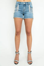 Load image into Gallery viewer, Carrie Rhinestone Fringe Denim Shorts