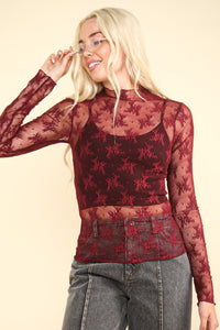 Mesh Lace Layering Top- Dark Red