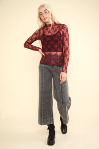 Mesh Lace Layering Top- Dark Red