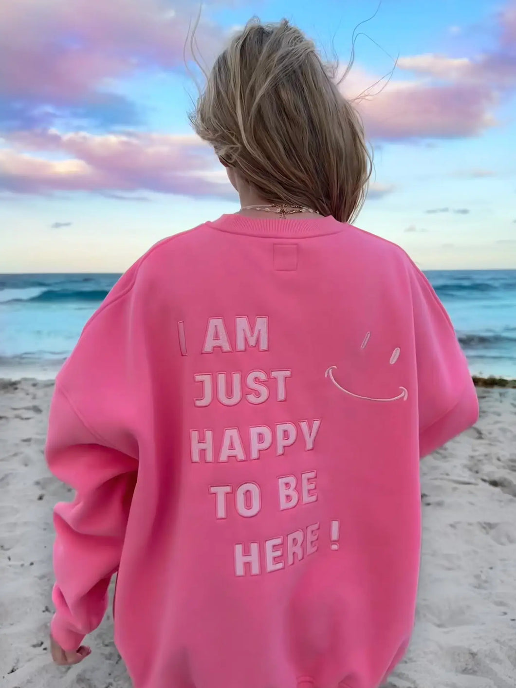 Happy To Be Here Pink Embroidered Sweatshirt