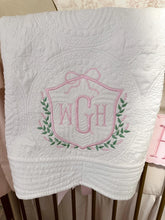 Load image into Gallery viewer, Heirloom Custom Embroidered Bow Initial Crest Blanket
