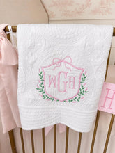 Load image into Gallery viewer, Heirloom Custom Embroidered Bow Initial Crest Blanket
