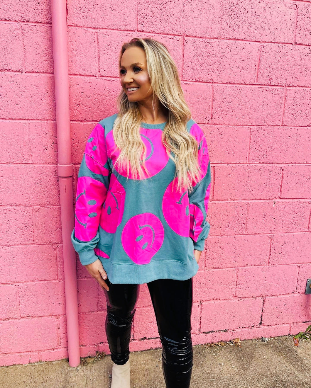 Smiley Sweatshirt- Turquoise and Pink Mix