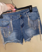 Load image into Gallery viewer, Carrie Rhinestone Fringe Denim Shorts
